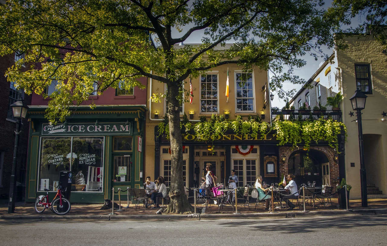 Restaurants and historic storefronts along King Street in Old Town Alexandria.