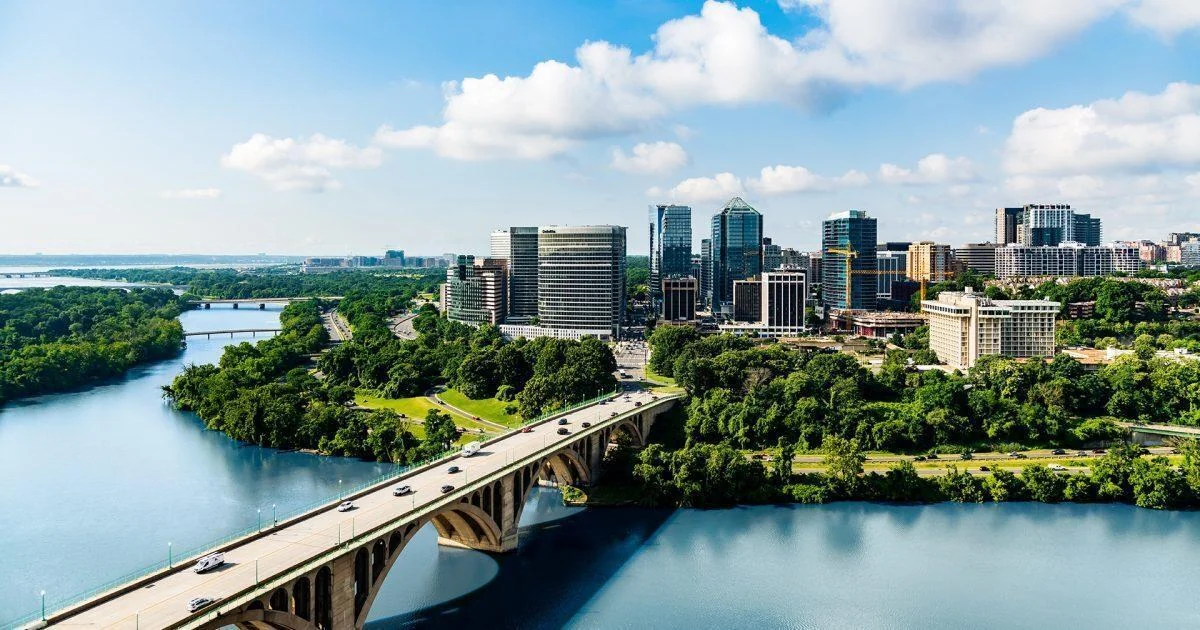 Key Bridge crossing the Potomac toward the Rosslyn skyline in Arlington.