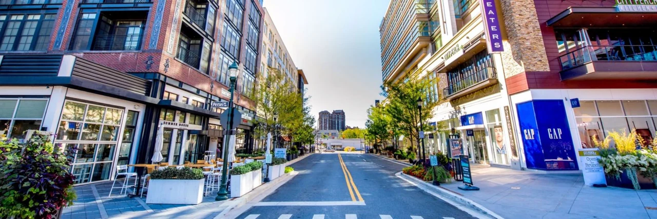Shops and apartment buildings along Grand Park Avenue at Pike & Rose in North Bethesda.