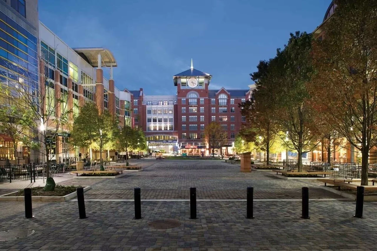 The pedestrian plaza and clock tower at Rockville Town Square.