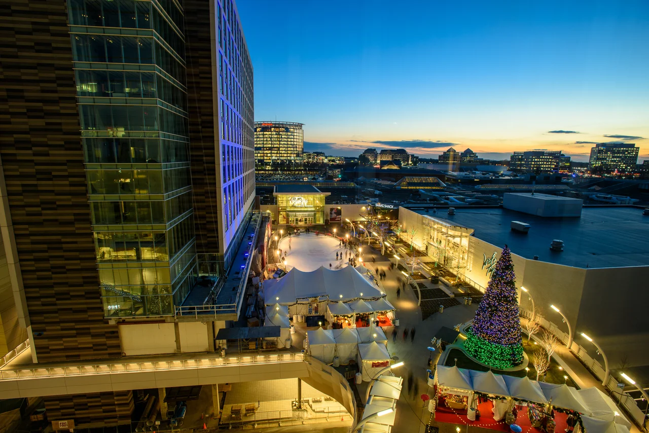 The elevated plaza at Tysons Corner Center at dusk.