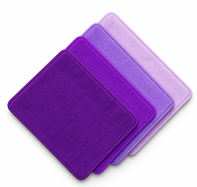 Four purple microfiber cloths, neatly layered from light to dark