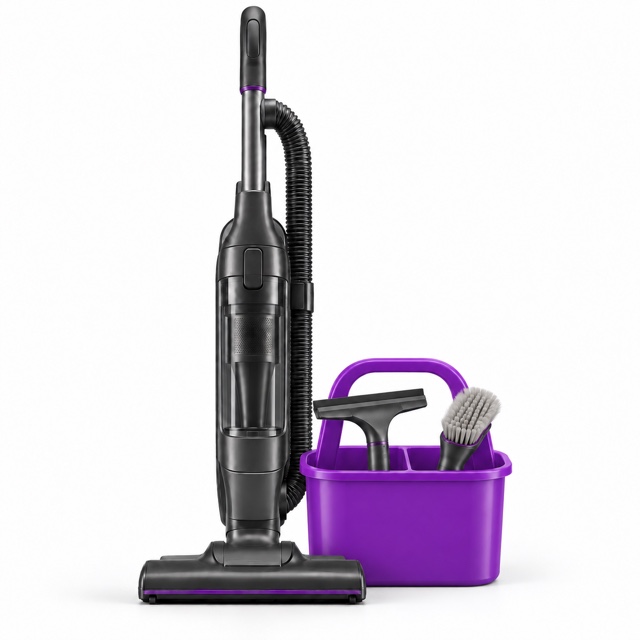 A graphite vacuum and purple caddy with a brush and squeegee