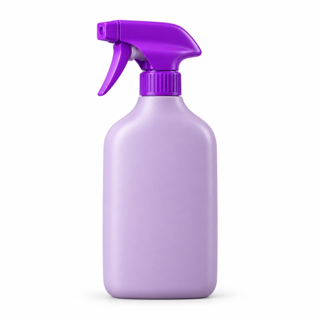 A pale lavender spray bottle with a purple trigger