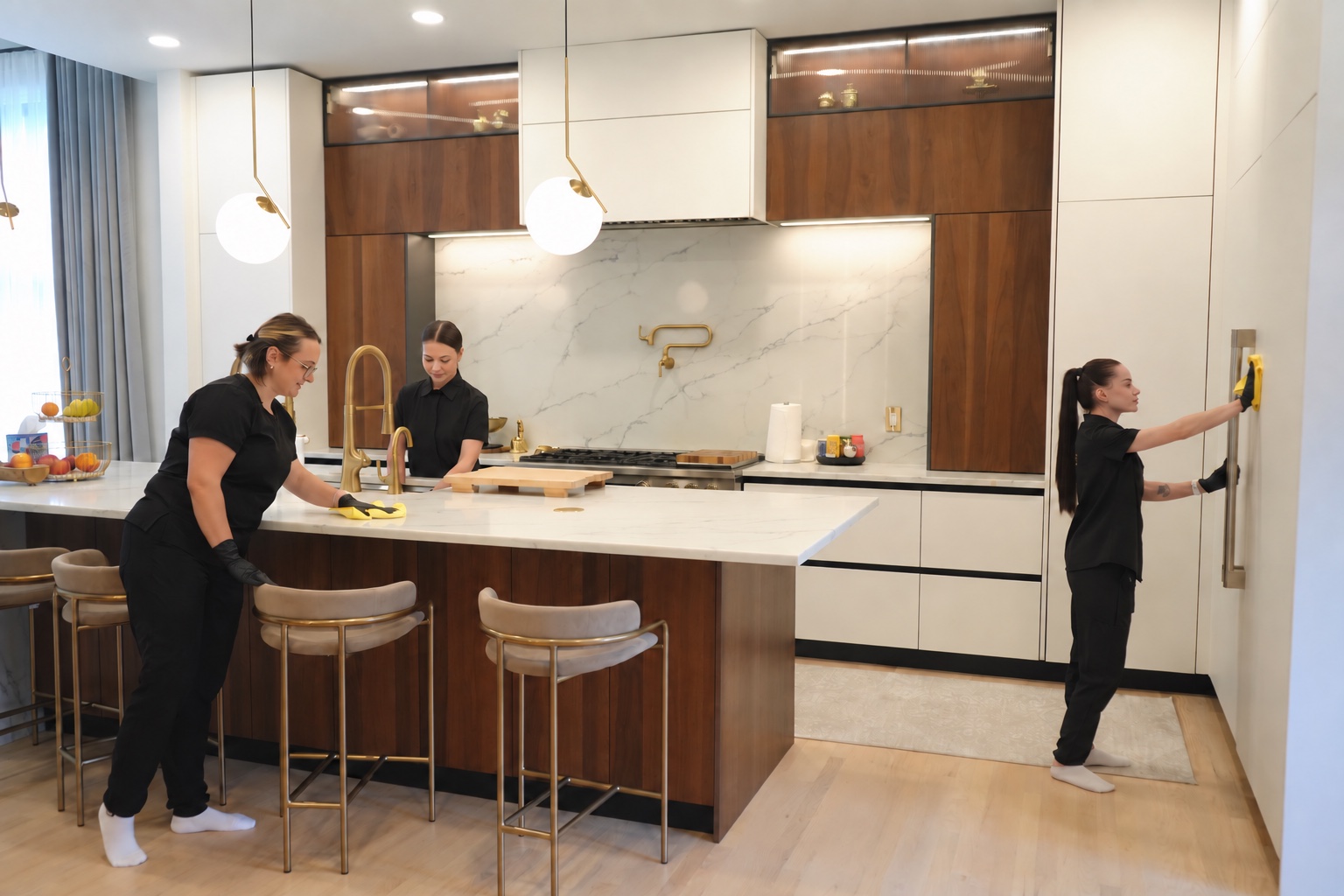 Two BroomStar cleaners working through an empty kitchen — island, range and cabinet fronts — during a move-out clean