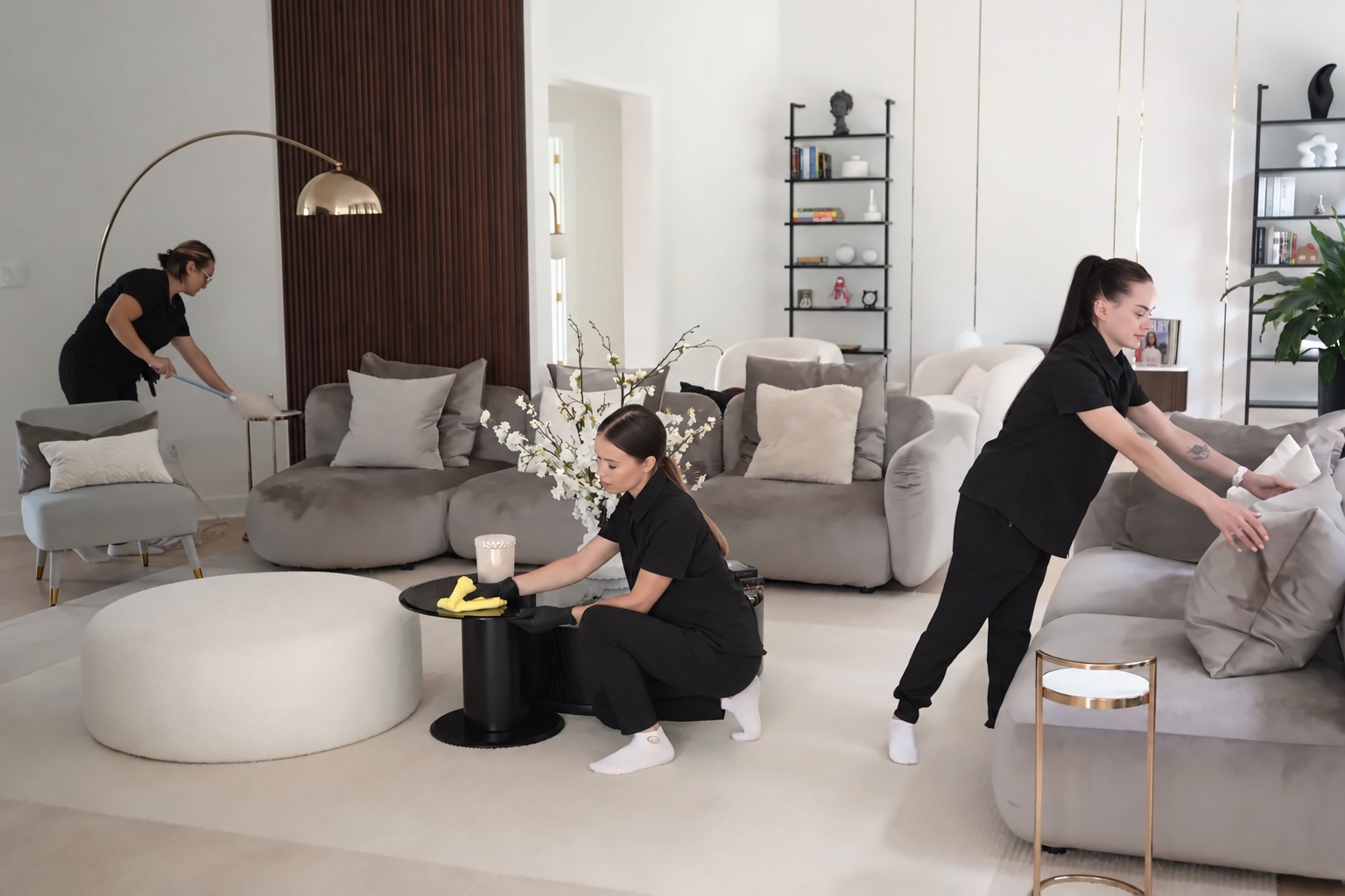 Three cleaners working through a bright living room — sofa, rug and side tables